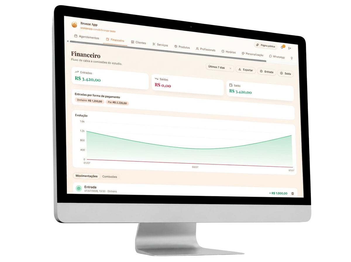 Painel financeiro do BronzeApp em um iMac